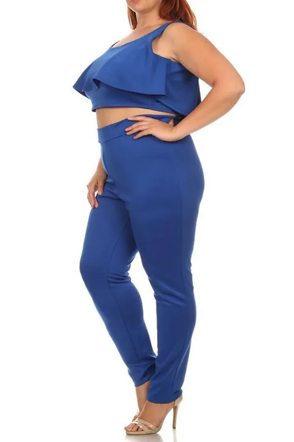 Plus Size Solid 2-piece Top And Pants Set In A Fitted Style