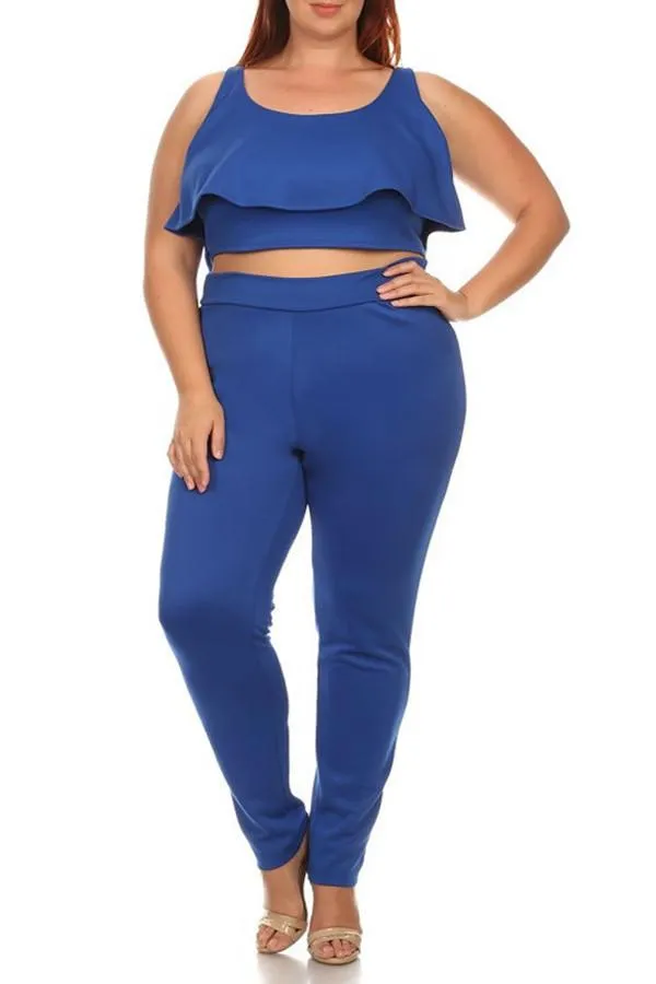 Plus Size Solid 2-piece Top And Pants Set In A Fitted Style