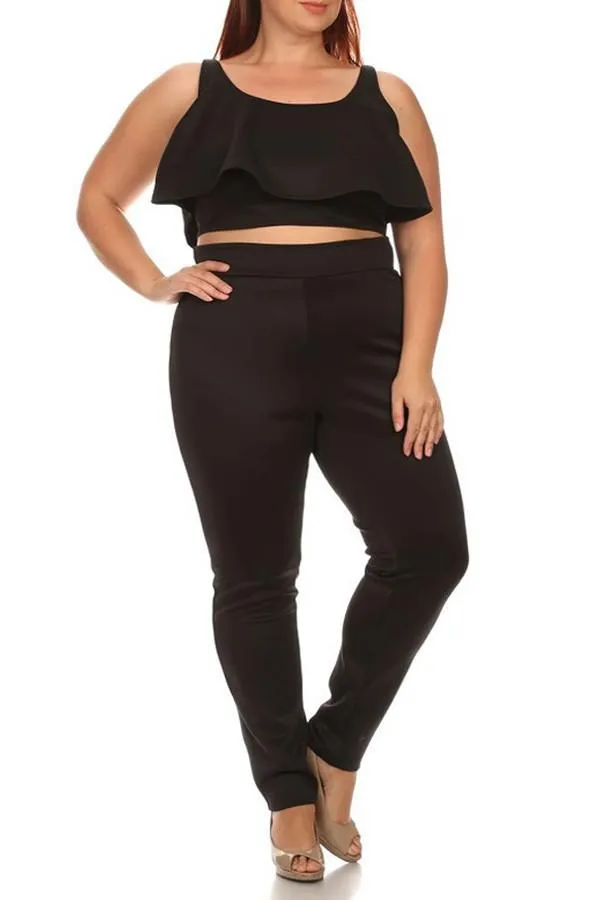 Plus Size Solid 2-piece Top And Pants Set In A Fitted Style
