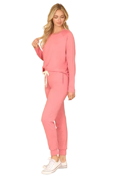 Plus Size Solid Long Sleeve Top and Joggers Set with Self Tie Mauve Dusty - Pack of 6