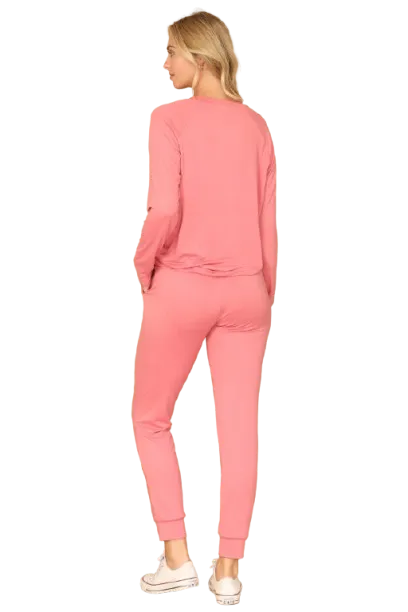 Plus Size Solid Long Sleeve Top and Joggers Set with Self Tie Mauve Dusty - Pack of 6