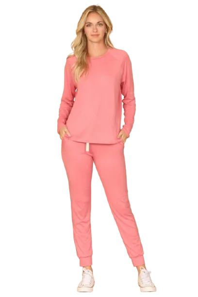 Plus Size Solid Long Sleeve Top and Joggers Set with Self Tie Mauve Dusty - Pack of 6