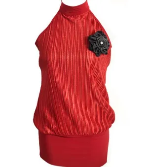 Plus Size Sparkling Pleated Flower Red Long Halter