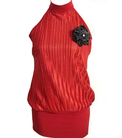 Plus Size Sparkling Pleated Flower Red Long Halter