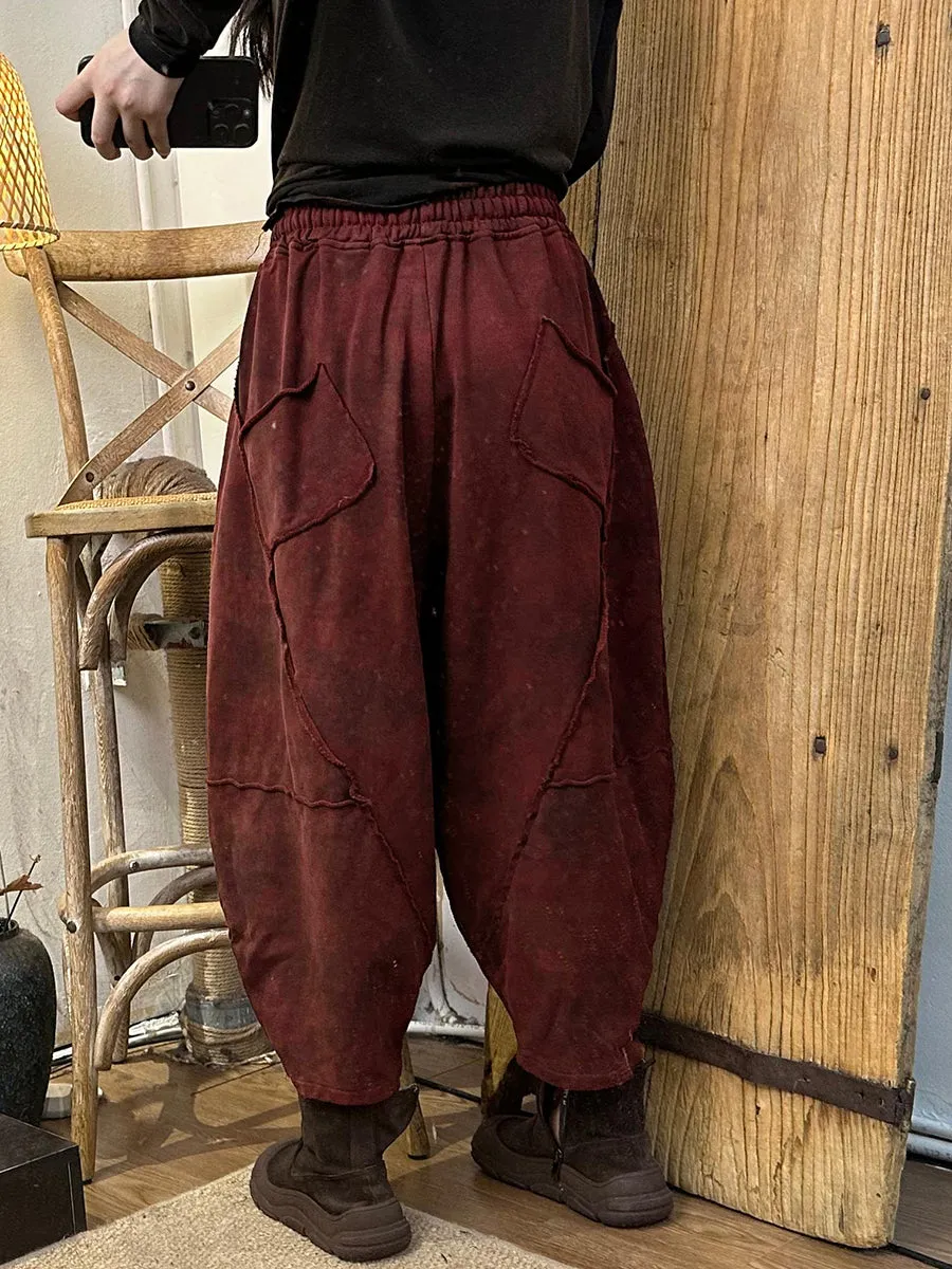 Plus Size Women Autumn Vintage Solid Cotton Harem Pants