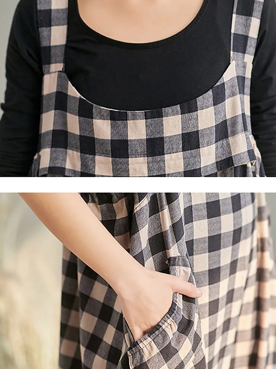 Plus Size Women Loose Casual Checkered Bib Overalls