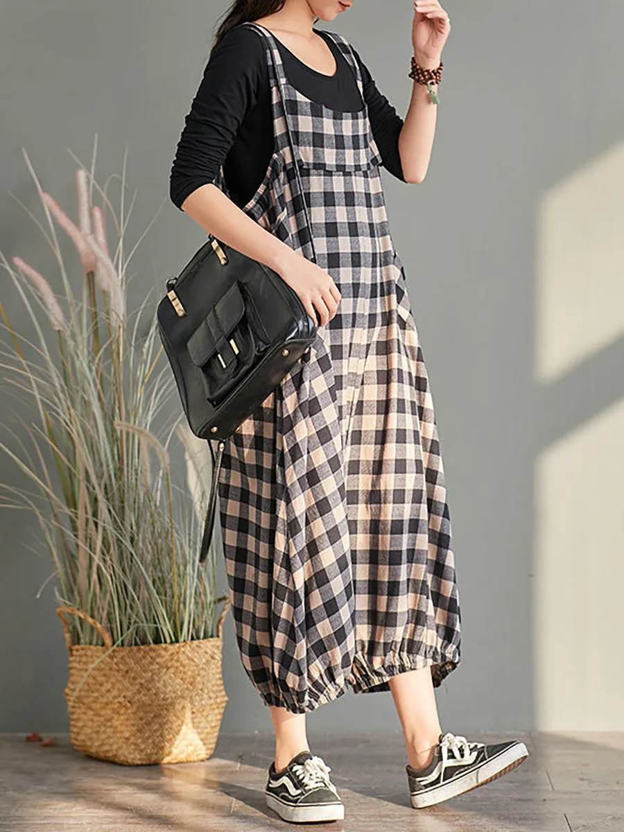Plus Size Women Loose Casual Checkered Bib Overalls