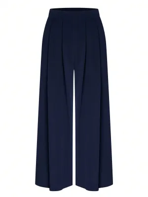 Plus Size Women Solid Color Pleated Loose Wide Leg Trousers