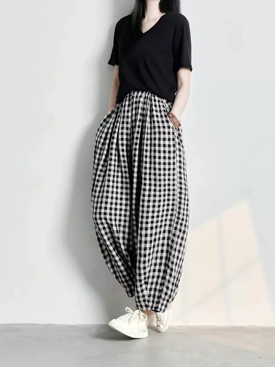 Plus Size Women Spring Casual Plaid Loose Linen Harem Pants