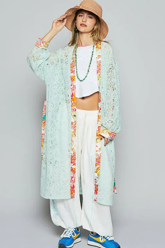 POL Floral Trim Lace Open Front Longline Cardigan