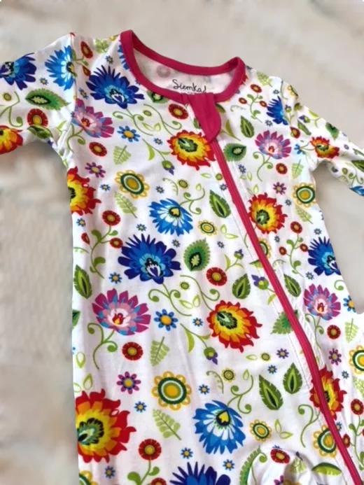 Polish Folk Art Floral Long Sleeve Dual Zipper Baby Rompers