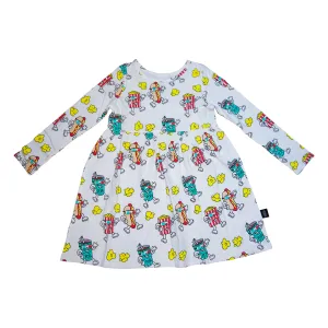 Popcorn Print Long Sleeve Dress in White