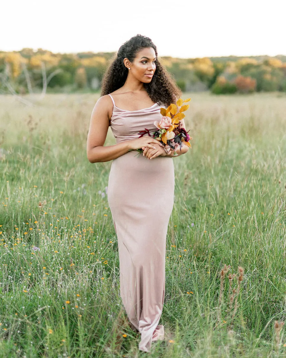 Popular 2021 Long Velvet Bridesmaid Dresses with a Cowl Neckline Sheath Party Dress