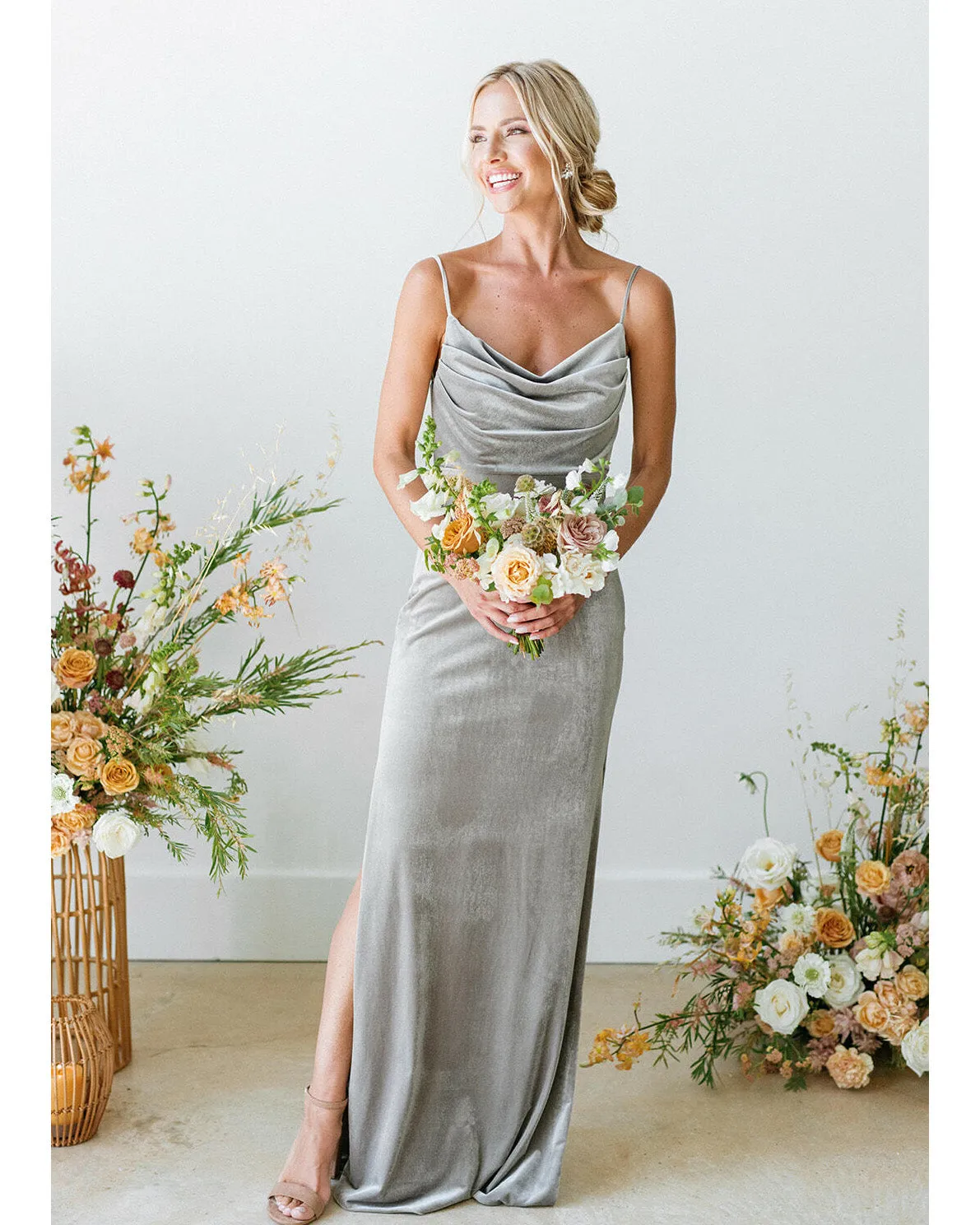 Popular 2021 Long Velvet Bridesmaid Dresses with a Cowl Neckline Sheath Party Dress