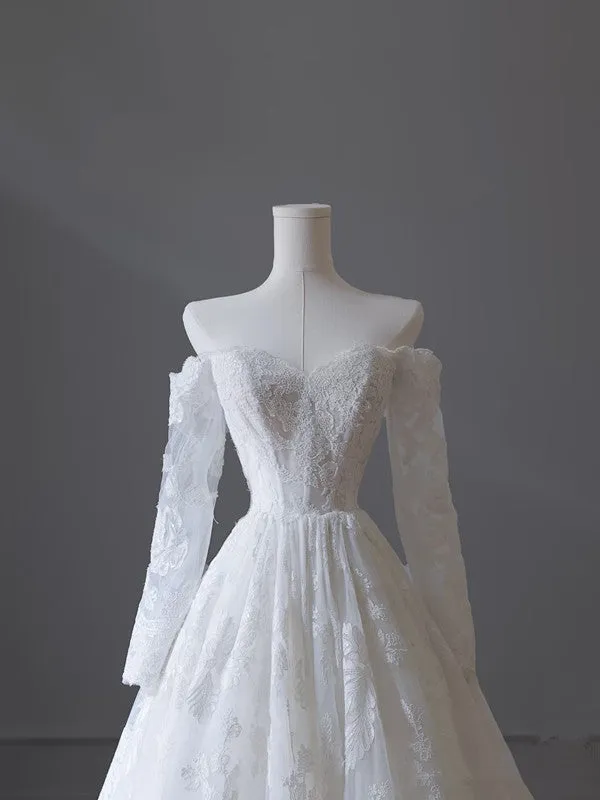 Princess A line Off The Shoulder White Lace Long Wedding Dresses Brides Dresses