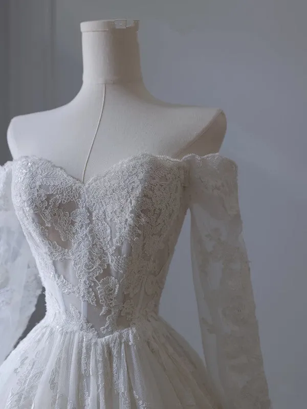 Princess A line Off The Shoulder White Lace Long Wedding Dresses Brides Dresses