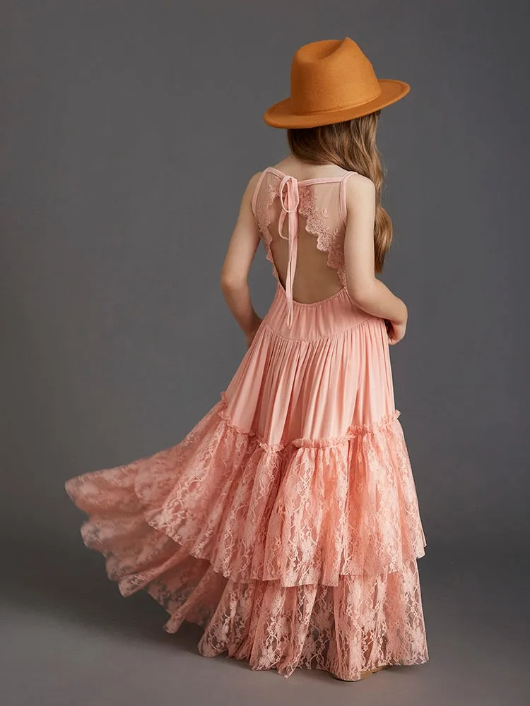 Princess Girls Lace Cotton Long Dresses