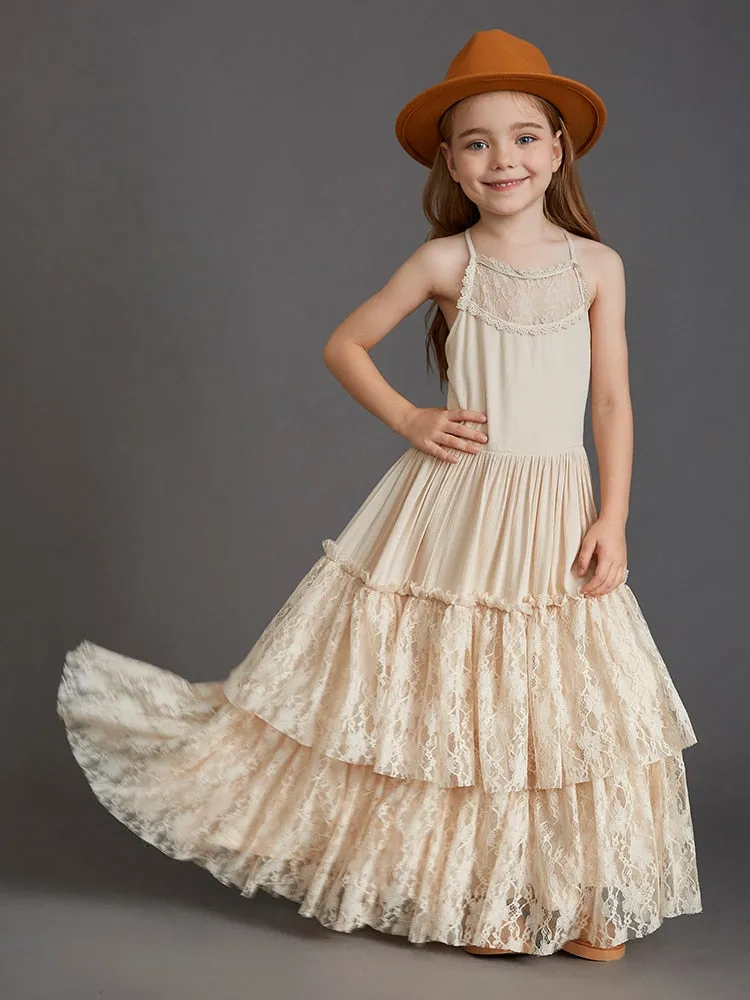 Princess Girls Lace Cotton Long Dresses