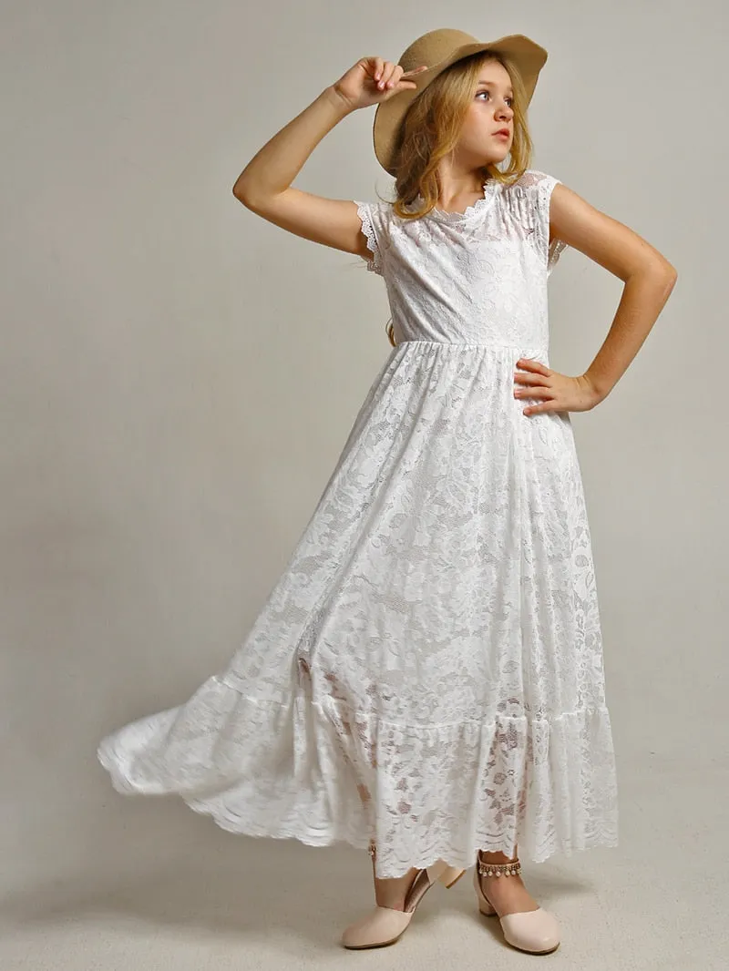 Princess Girls Lace Cotton Long Dresses