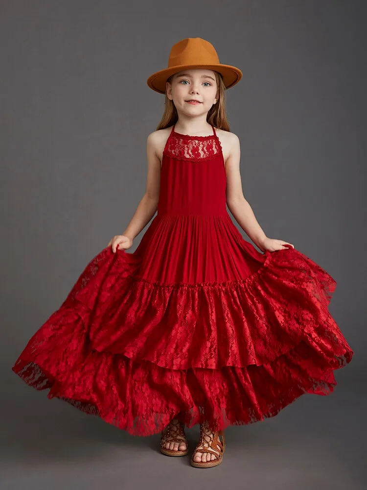 Princess Girls Lace Cotton Long Dresses