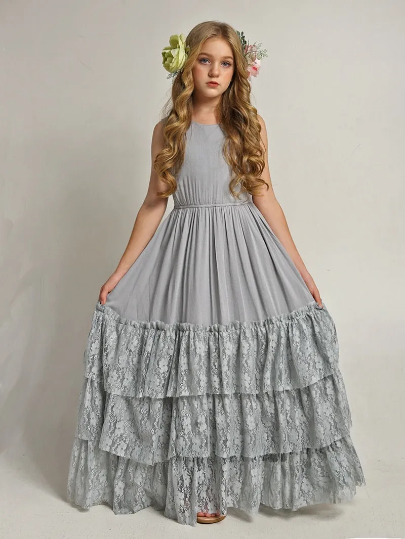 Princess Girls Lace Cotton Long Dresses