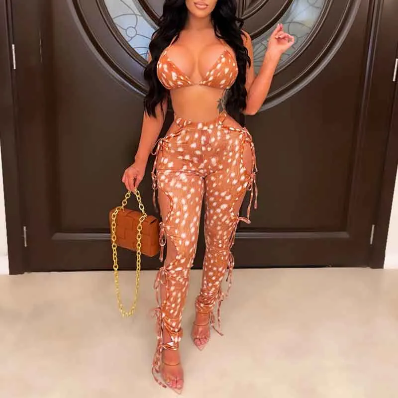 Print Halter Bra & Cut Out Pants Set