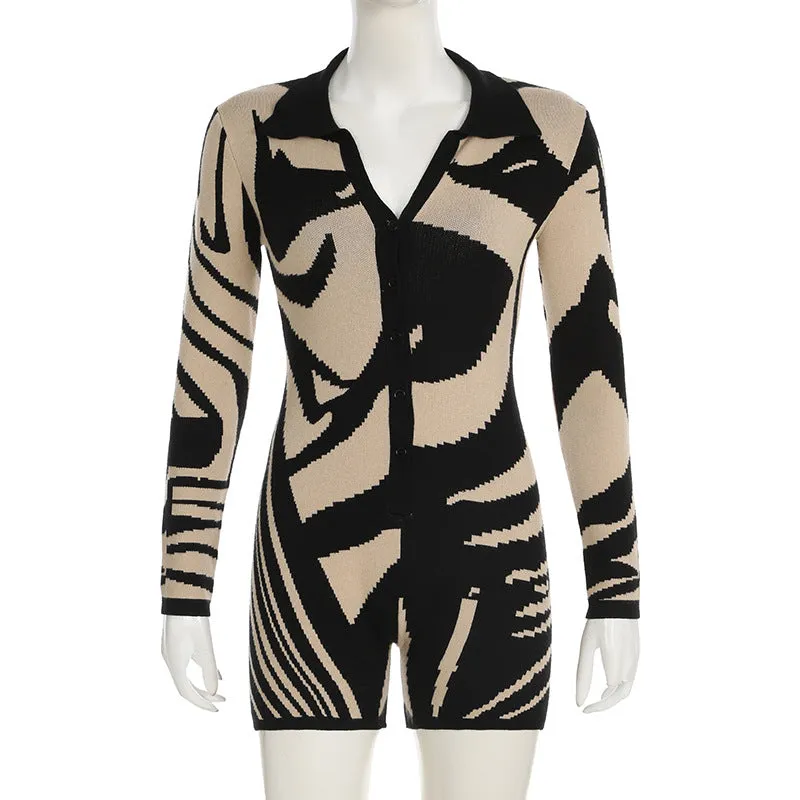 Print Long Sleeve V-Neck Romper