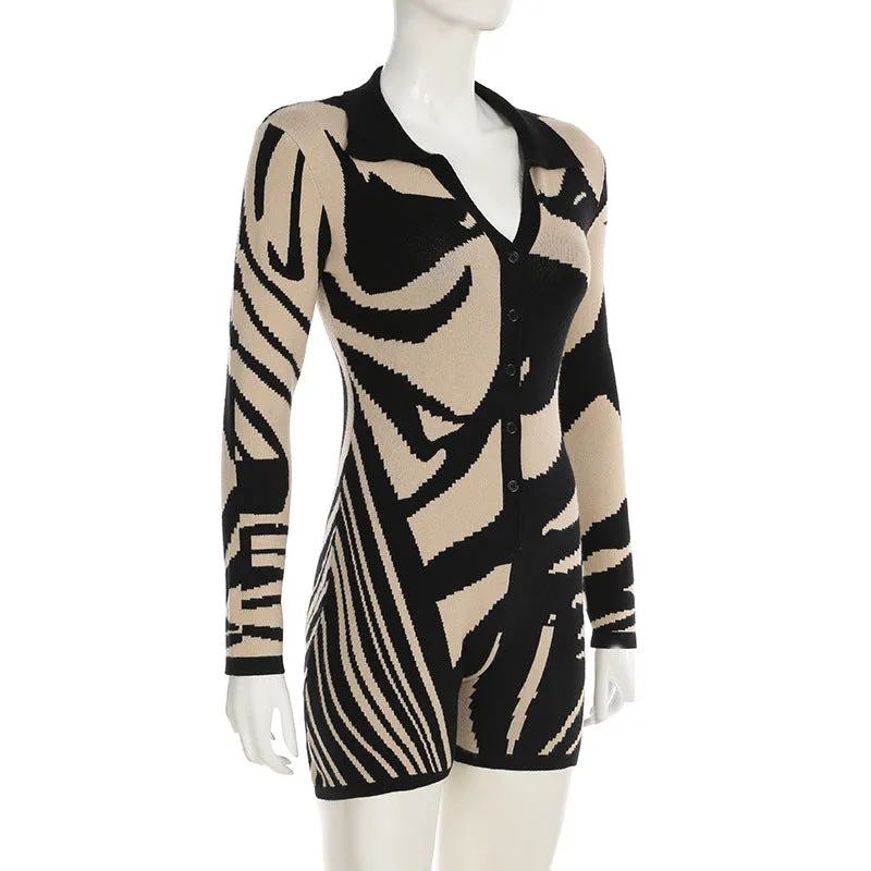 Print Long Sleeve V-Neck Romper