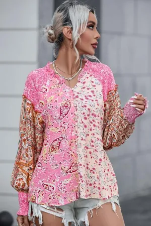 Printed Buttoned Lantern Sleeve Blouse