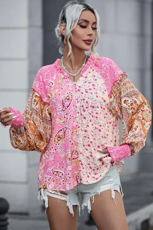 Printed Buttoned Lantern Sleeve Blouse
