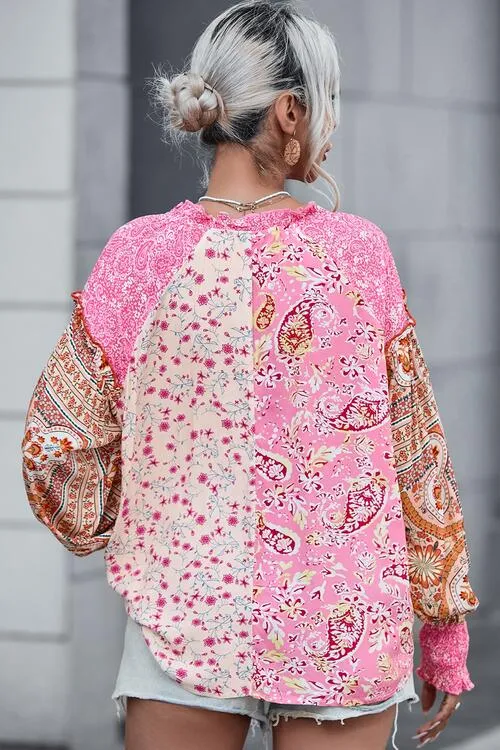 Printed Buttoned Lantern Sleeve Blouse