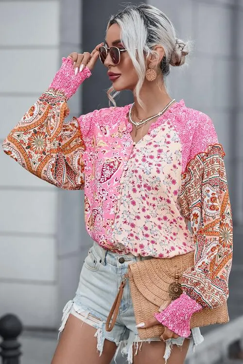 Printed Buttoned Lantern Sleeve Blouse