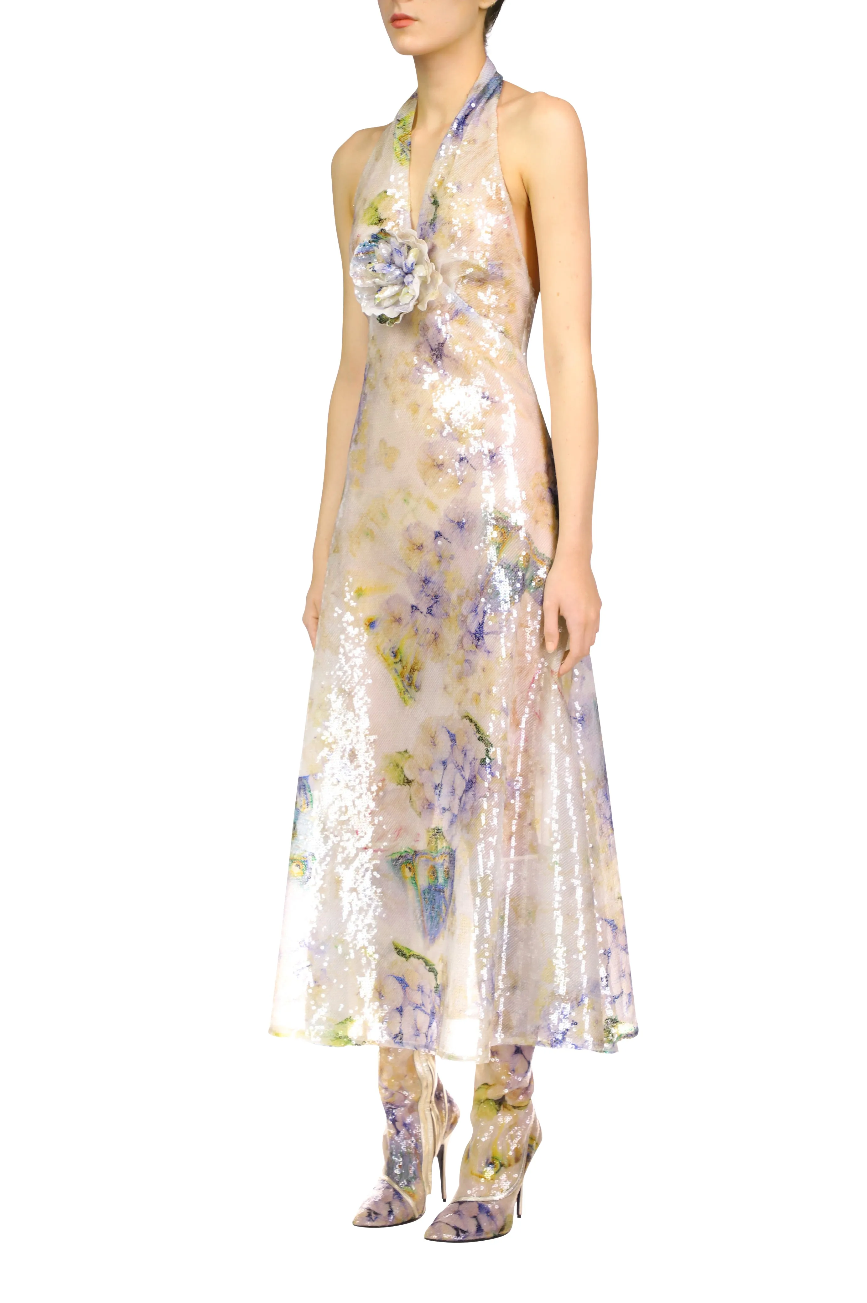 Printed Floral Sequin Halter Dress With Sequin Flower Pin