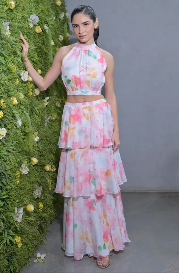 Printed Organza Layered Skirt Set