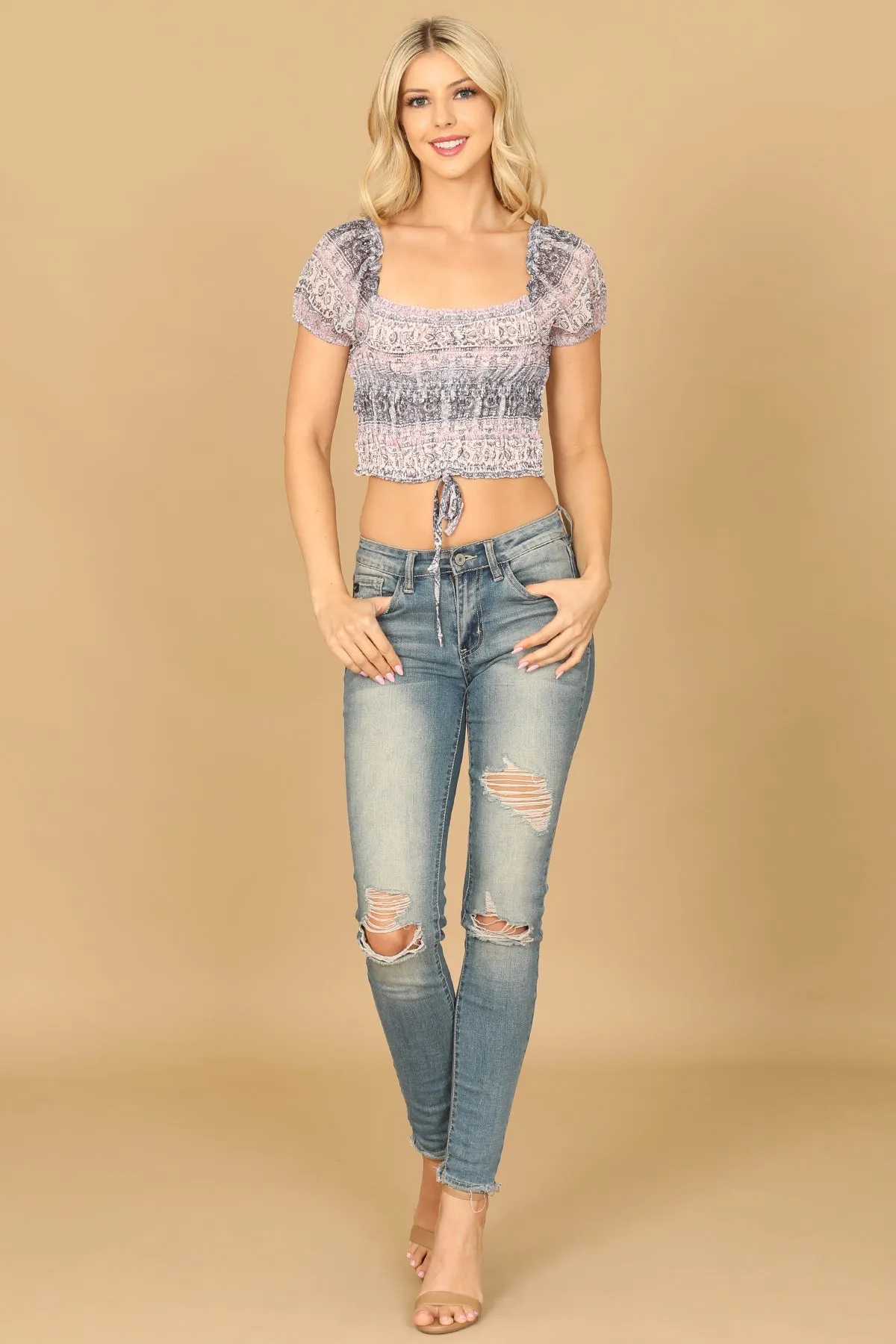 PUFF SLEEVE PRINTED TIE CROP TOP