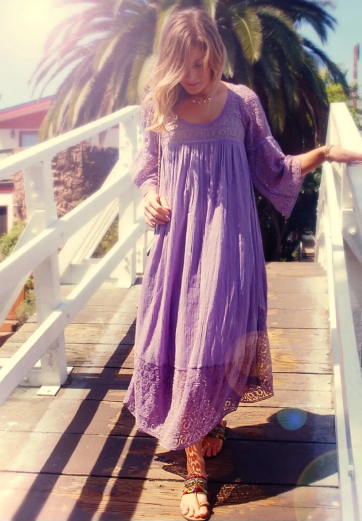 Pure Long Dress With Lace  Lilac