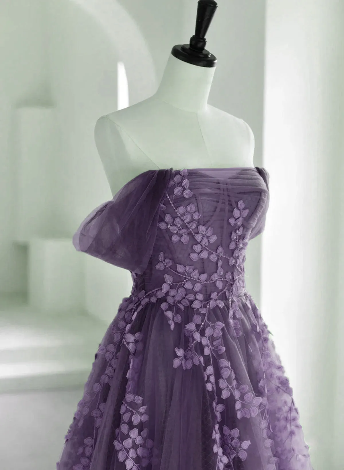 Purple A-Line Tulle With Lace Long Formal Dresses, Purple Prom Dresses Evening Dresses