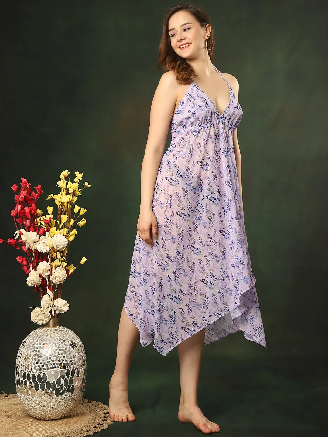 Purple Color Tie and Dye Printed Georgette Coverup Women Floral Printed Swimwear Cover up Dress