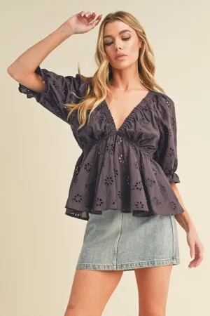 Purple Embroidered V-Neck Half Sleeve Peplum Blouse