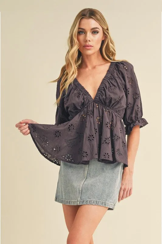 Purple Embroidered V-Neck Half Sleeve Peplum Blouse