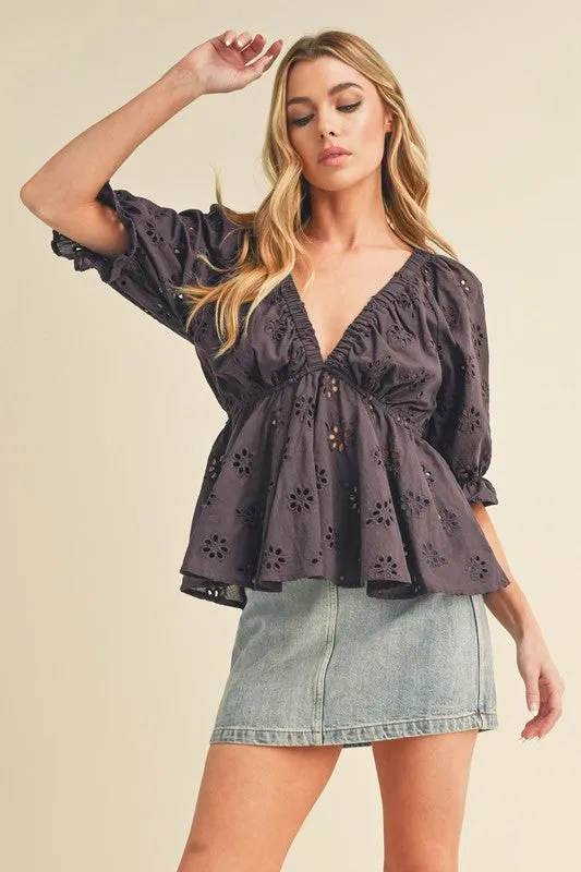 Purple Embroidered V-Neck Half Sleeve Peplum Blouse