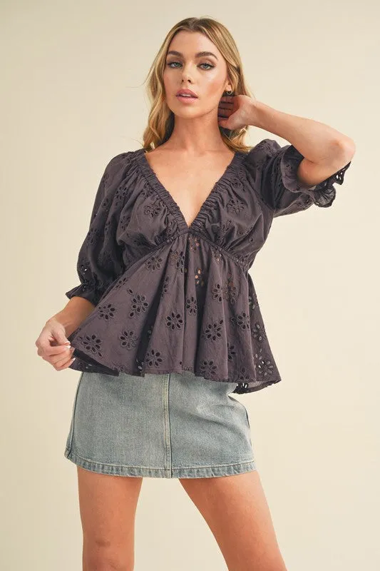 Purple Embroidered V-Neck Half Sleeve Peplum Blouse