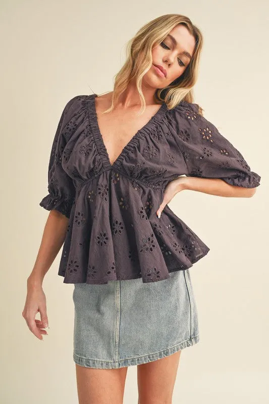 Purple Embroidered V-Neck Half Sleeve Peplum Blouse