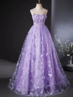 Purple Lace Strapless Floor Length Party Dresses, Purple Lace Long Prom Dresses
