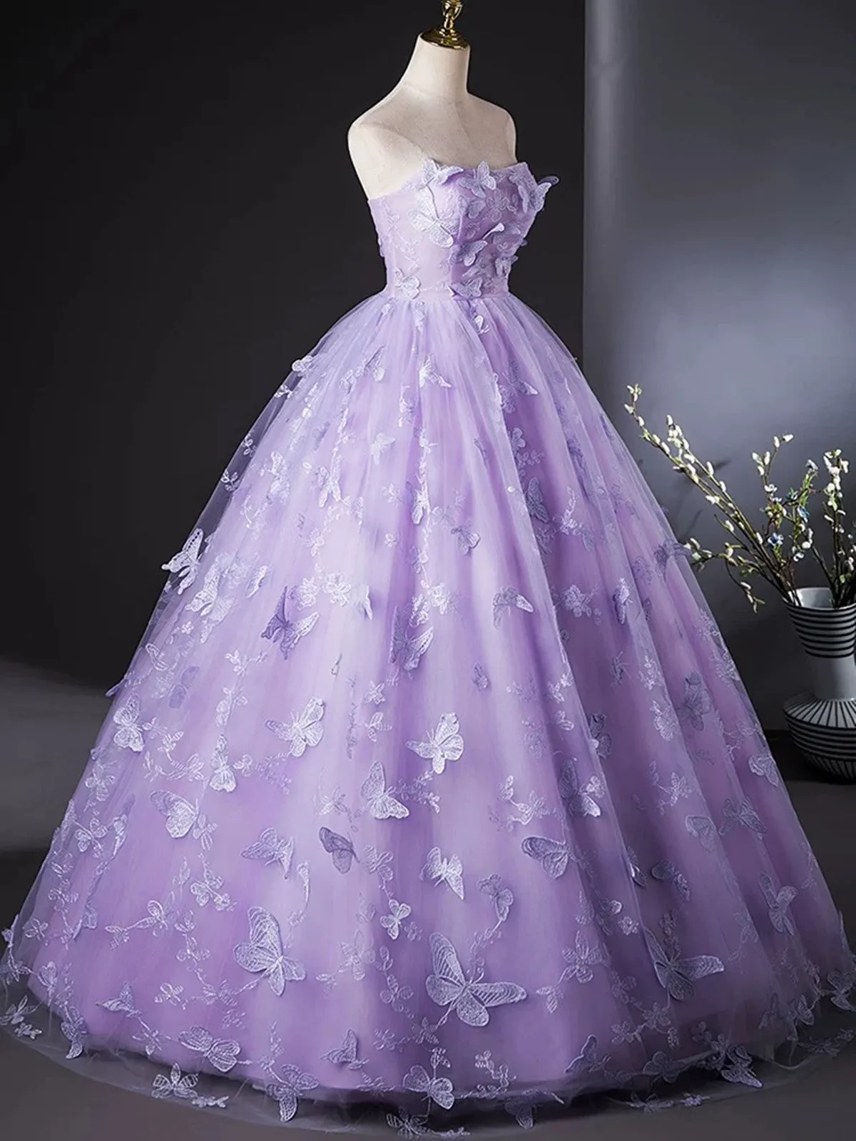 Purple Lace Strapless Floor Length Party Dresses, Purple Lace Long Prom Dresses