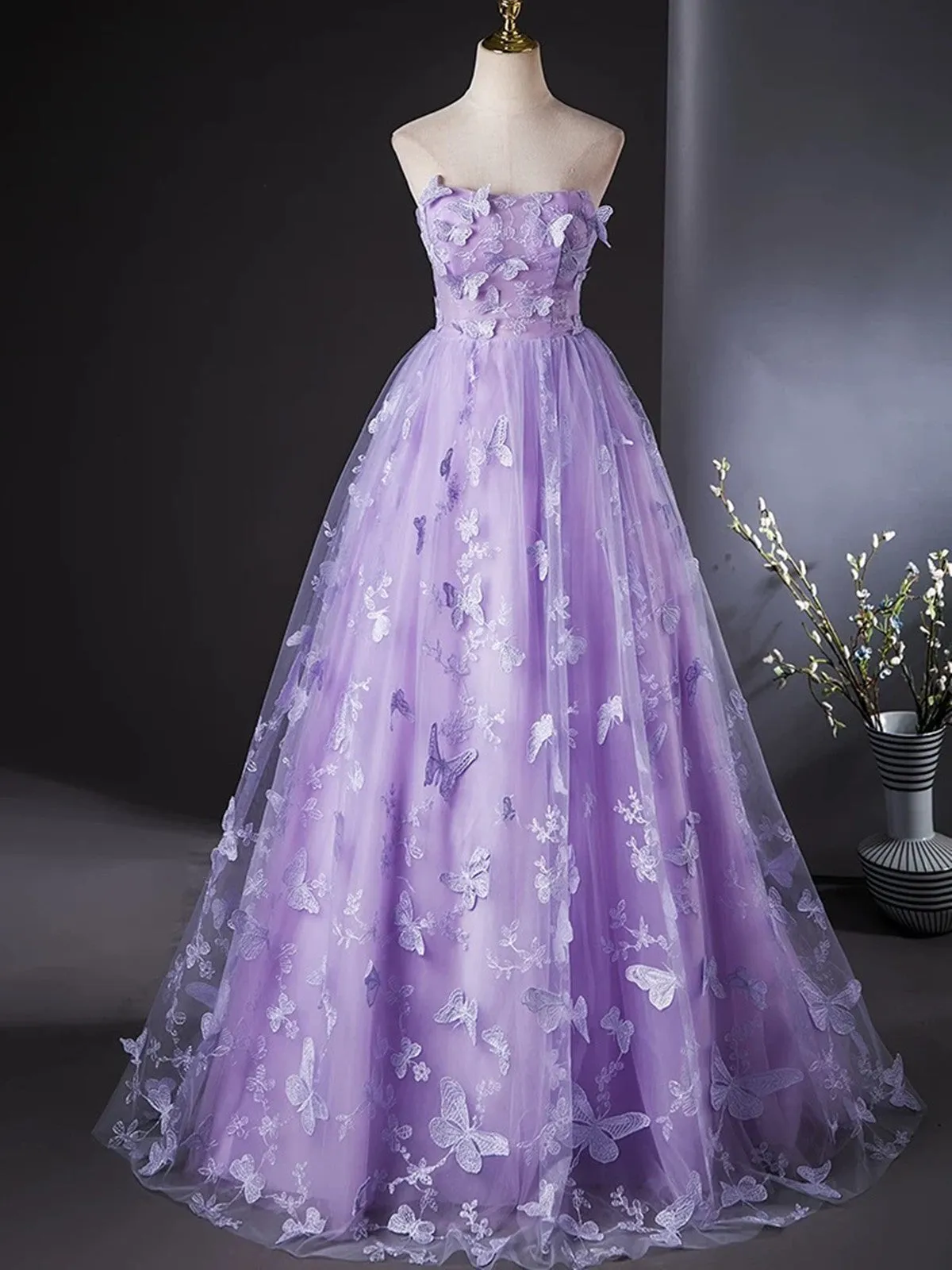 Purple Lace Strapless Floor Length Party Dresses, Purple Lace Long Prom Dresses