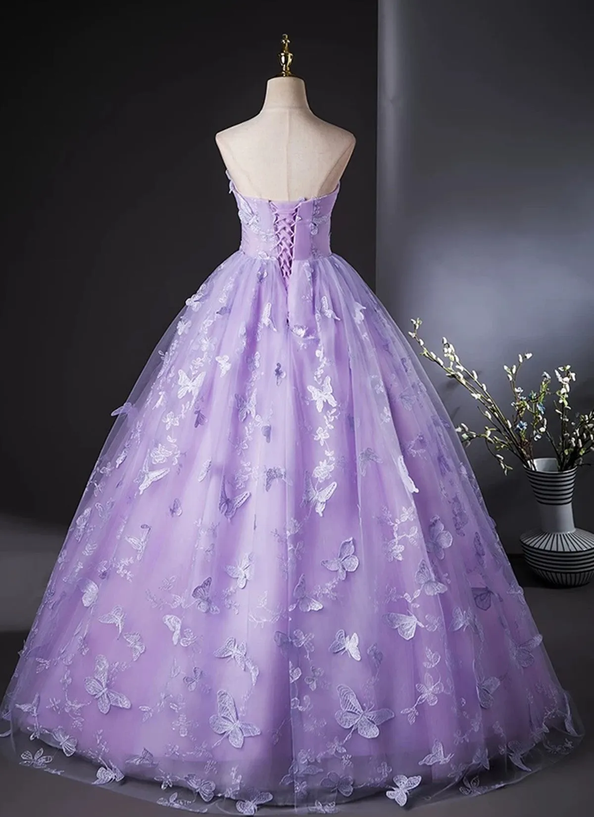Purple Lace Strapless Floor Length Party Dresses, Purple Lace Long Prom Dresses
