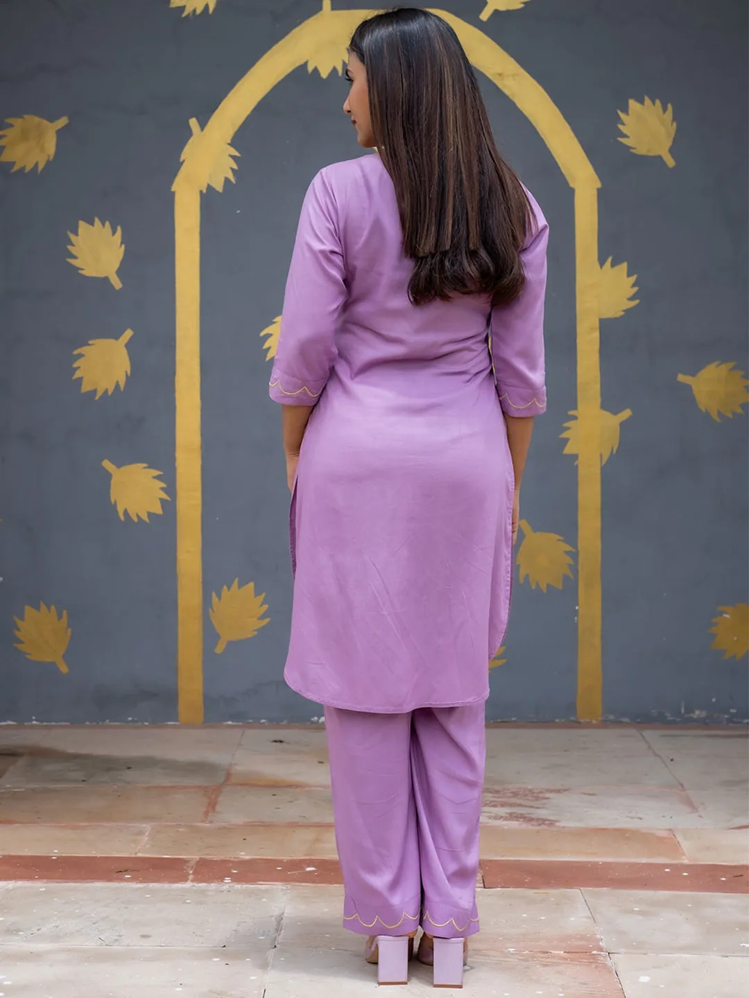 Purple Solid Embroidered Straight Rayon Kurta With Palazzos