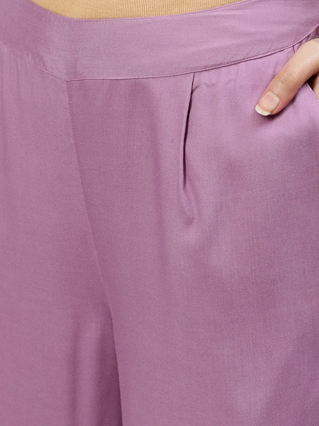 Purple Solid Embroidered Straight Rayon Kurta With Palazzos
