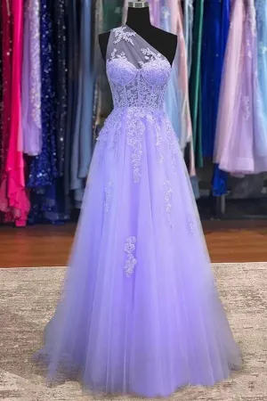 Purple Tulle A-line One Shoulder Long Prom Dresses With Lace Appliques, MP841